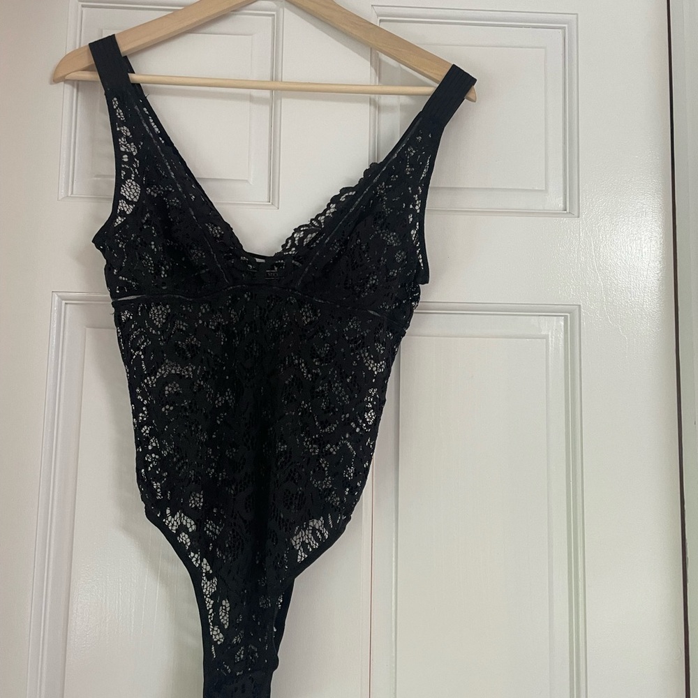 Victoria secret black lace bodysuit snap crotch. Size medium.
